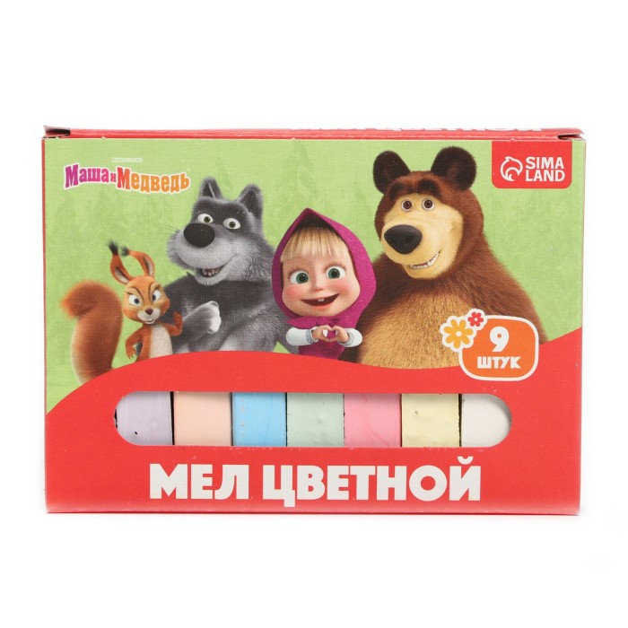 Мелки цветные школьные 9 шт. "Маша и Медведь" ,к/к 12*8,5*1,5 см