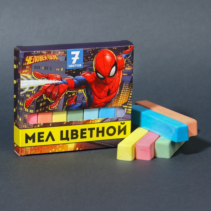 Мелки цветные школьные 7 шт. "Человек-паук" ,кор. 9*9*1,5 см